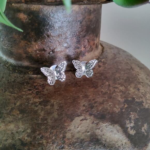 Women's Layered Double Butterfly Stud Earrings in Silver Tone - Picture 2 of 10